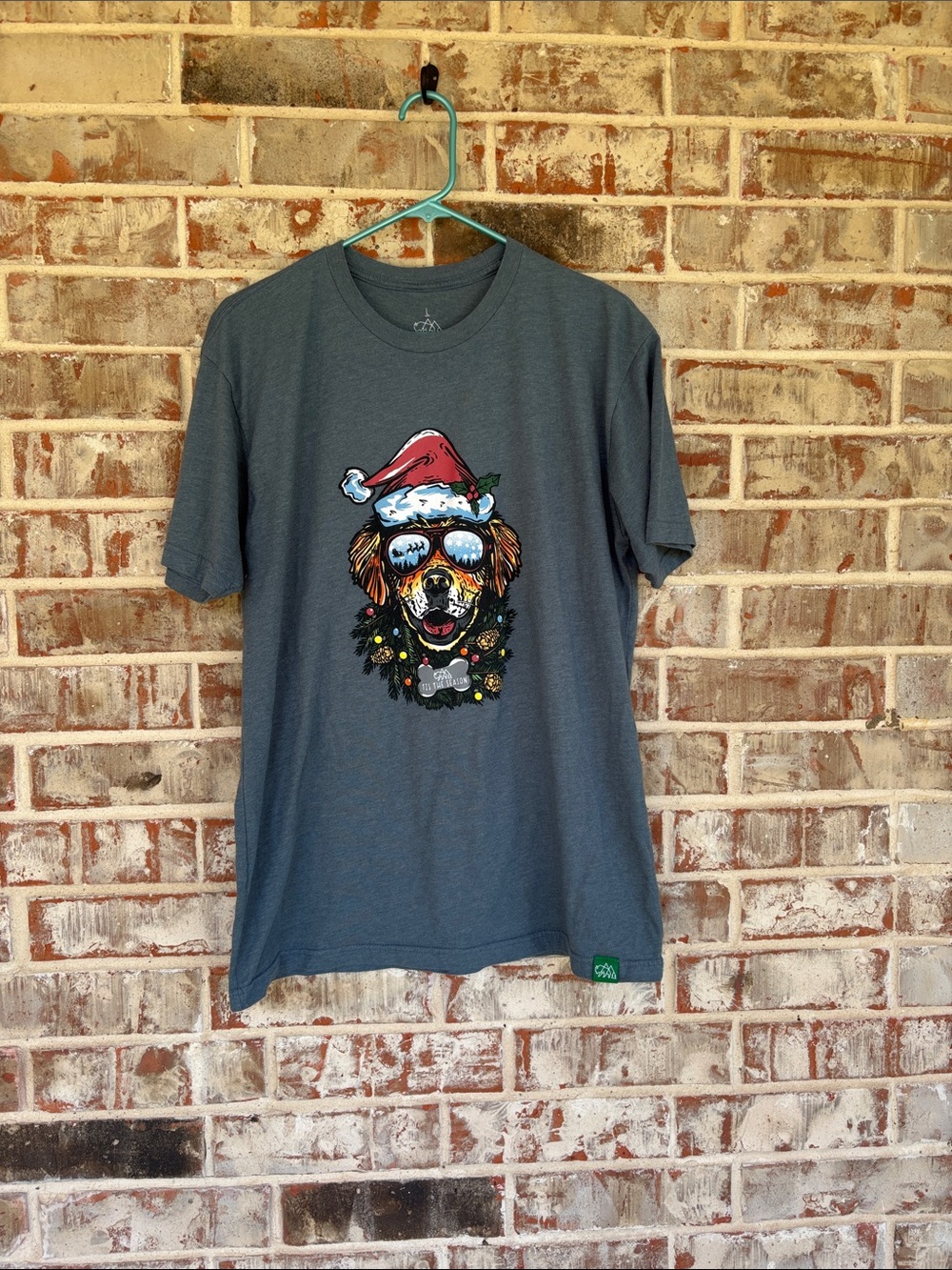 Wild Tribute Green Santa Dog Graphic Christmas Short Sleeve Tee